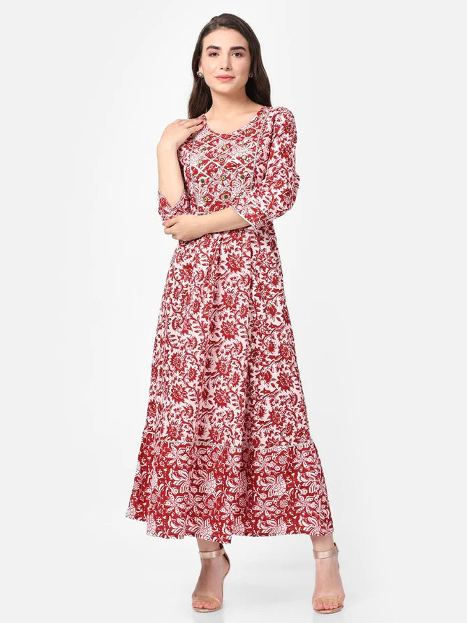 maroon floral printed dress