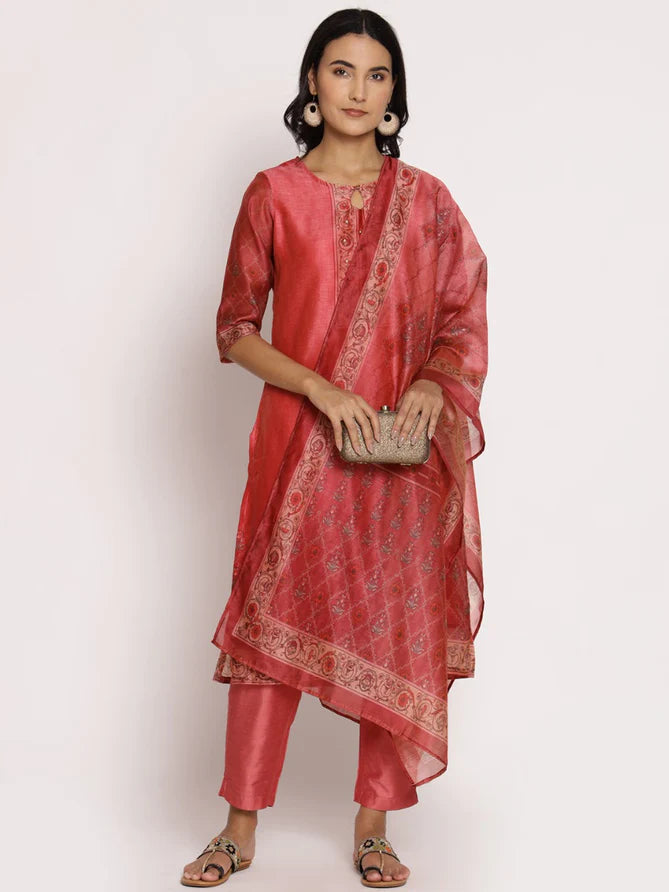 pink ornamental kurta trouser dupatta