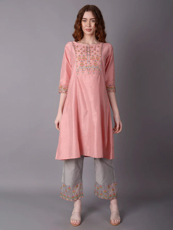 pink embroidered kurta with pant