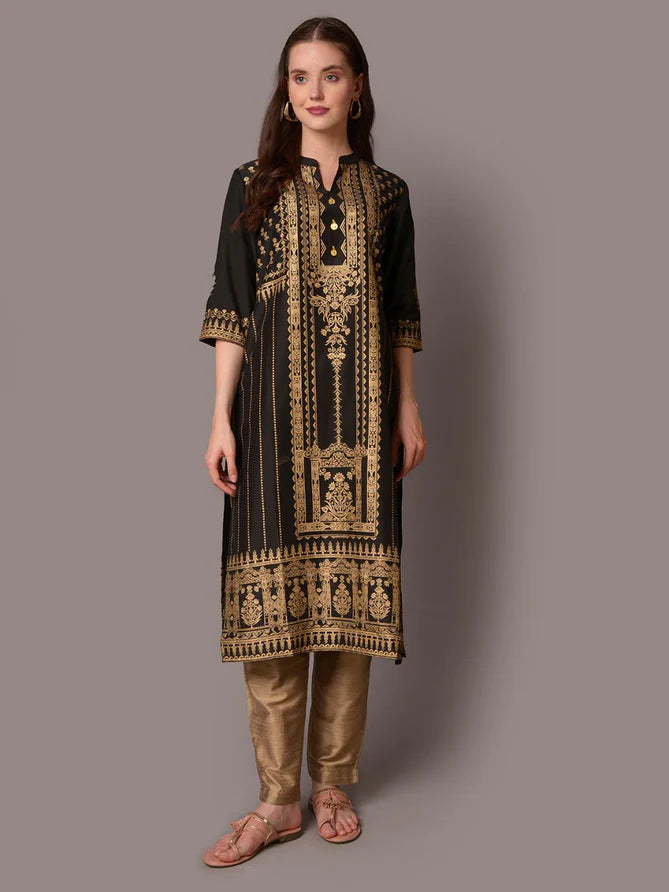 black ornamental printed kurta