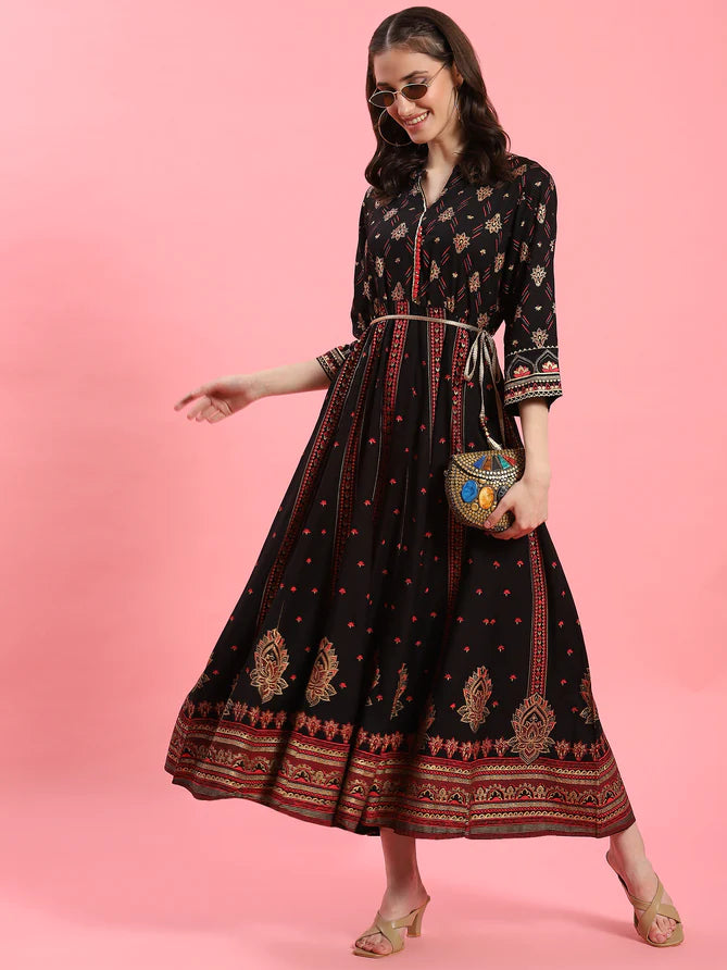 black ornamental printed dress