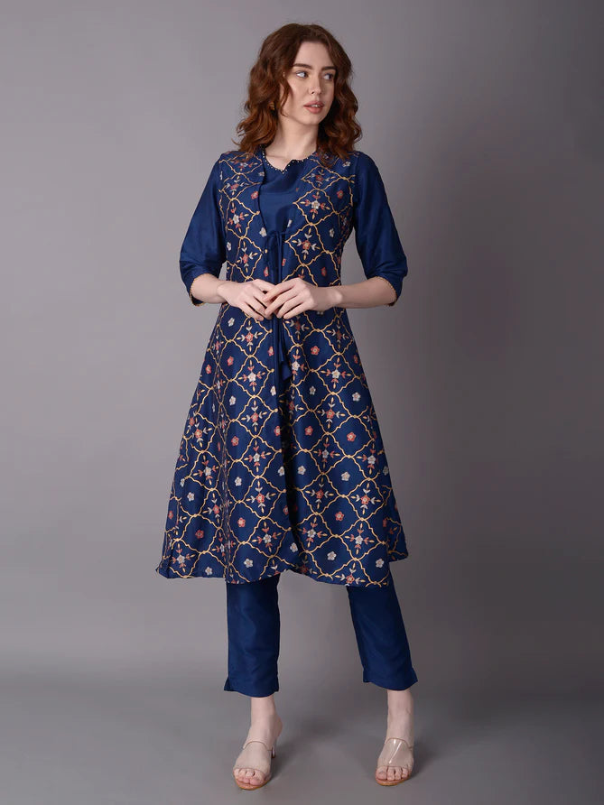 navy blue stripe printed kurta trouser jacket