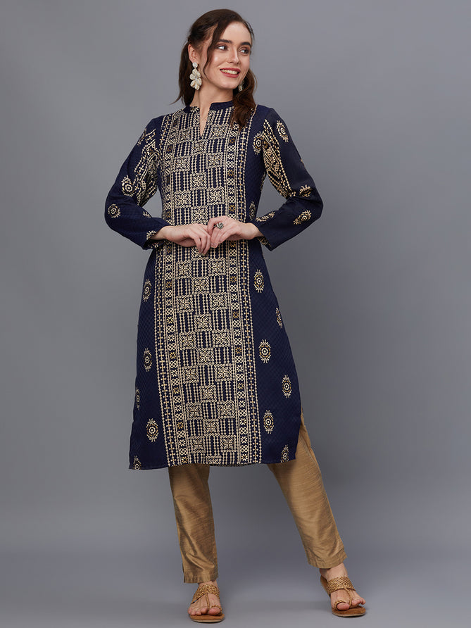 navy blue pashmina ornamental printed kurta