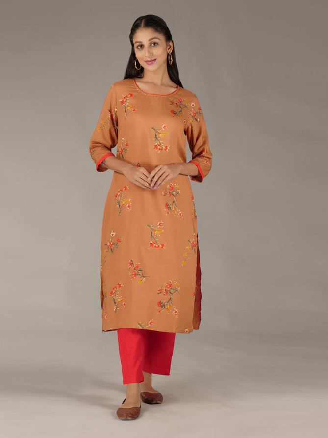 Orange Rayon Floral Kurta