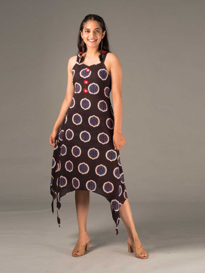 black cotton floral strap dress