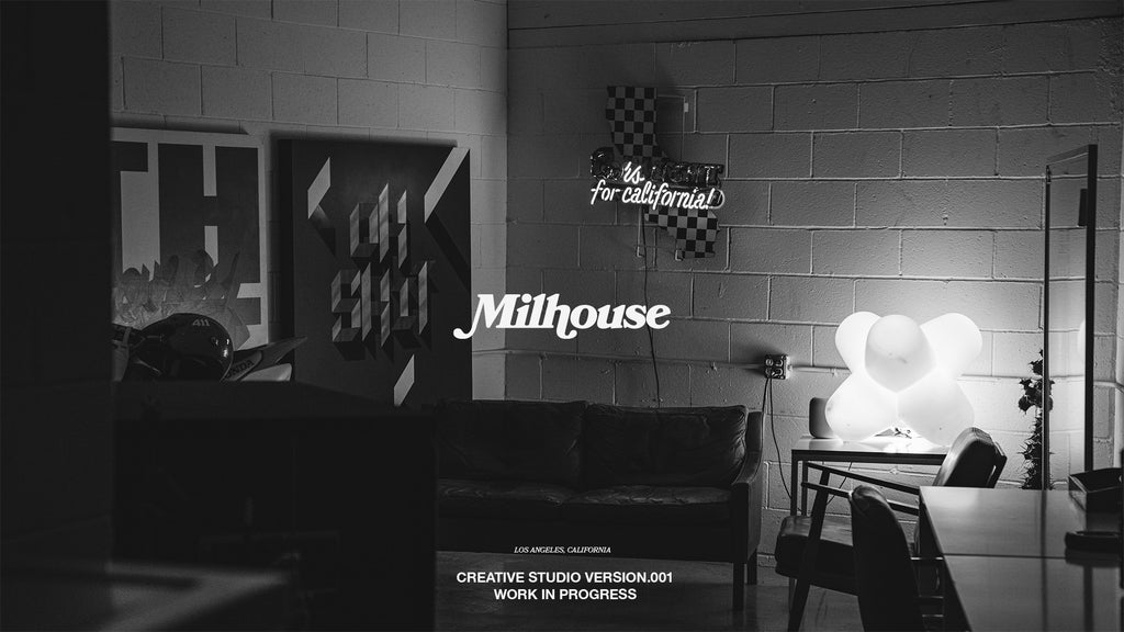 Black and White photo of the original Milhouse Creative Studio in back speakeasy style studio, Los Angeles