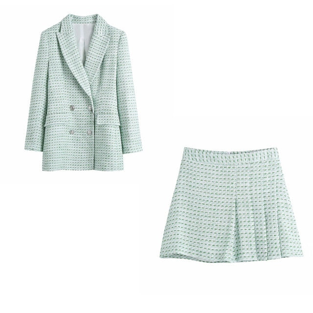 XEASY 2021 Tweed Women Two-piece Set Green Vintage Office lady Double Breasted Blazer Female Slim High Waist Culottes Skirt Suit