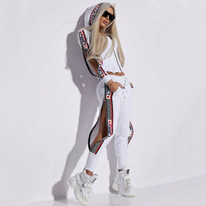 Oshoplive Split-Side Hooded Jackets&amp;Pants Suits Casual Letter Print 2 Piece Set Women Zipper Gym Set Women Leisure Sportswear