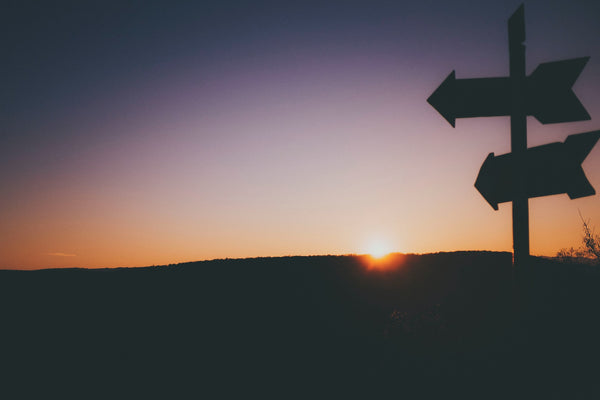 Silhouette of two arrow signs pointing into a sunset.