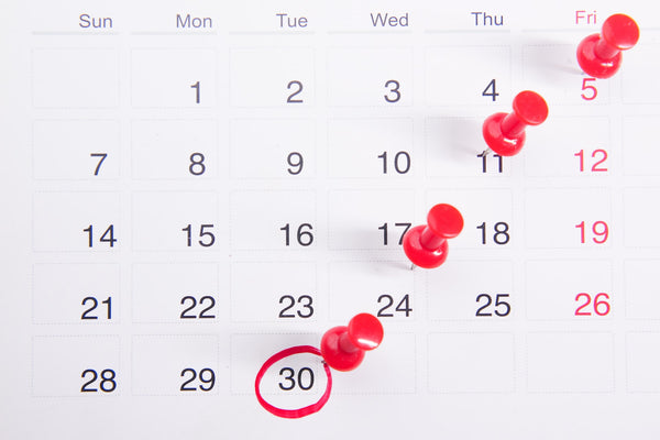 A calendar with dates marked with red pins