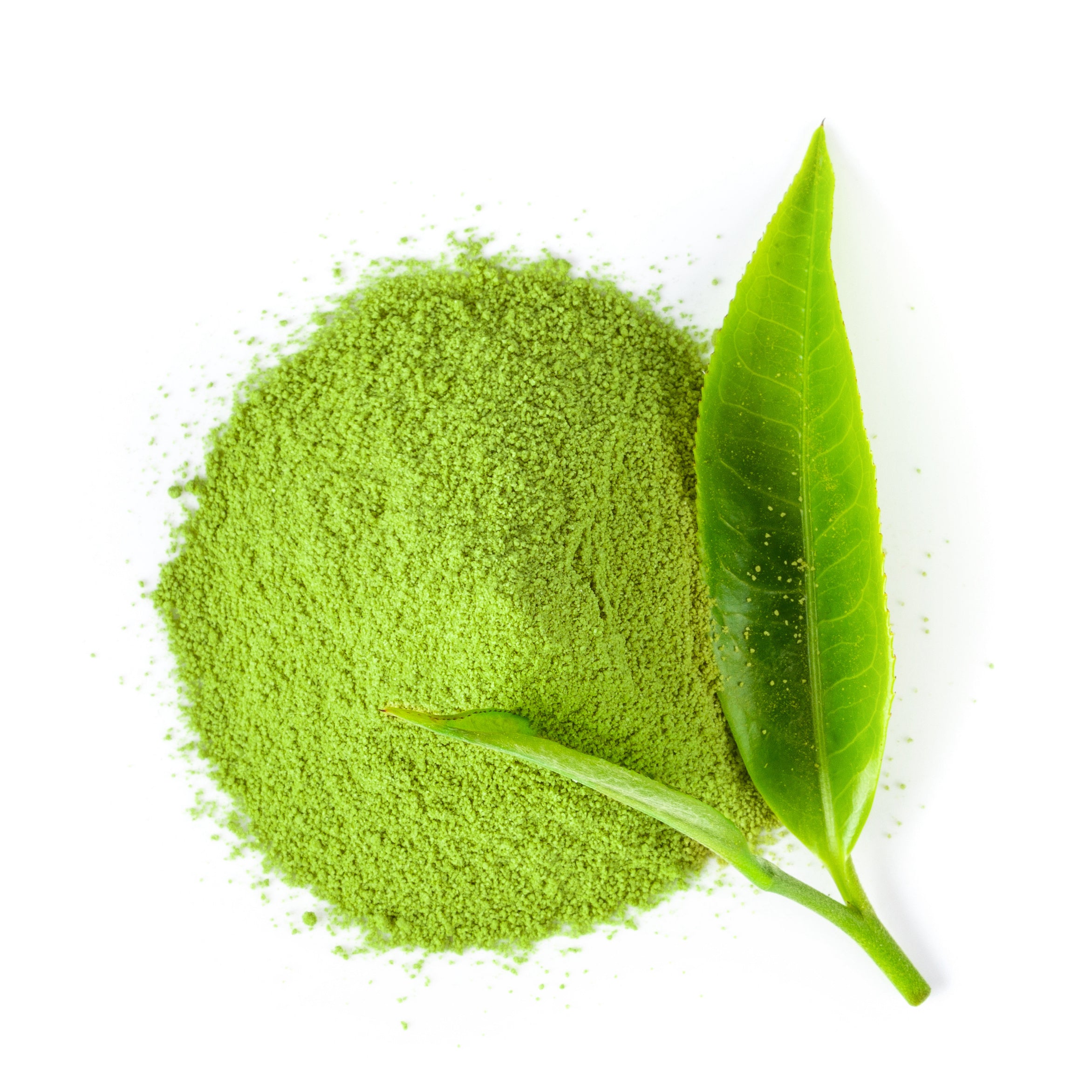 Matcha tea leaves and powder on white background