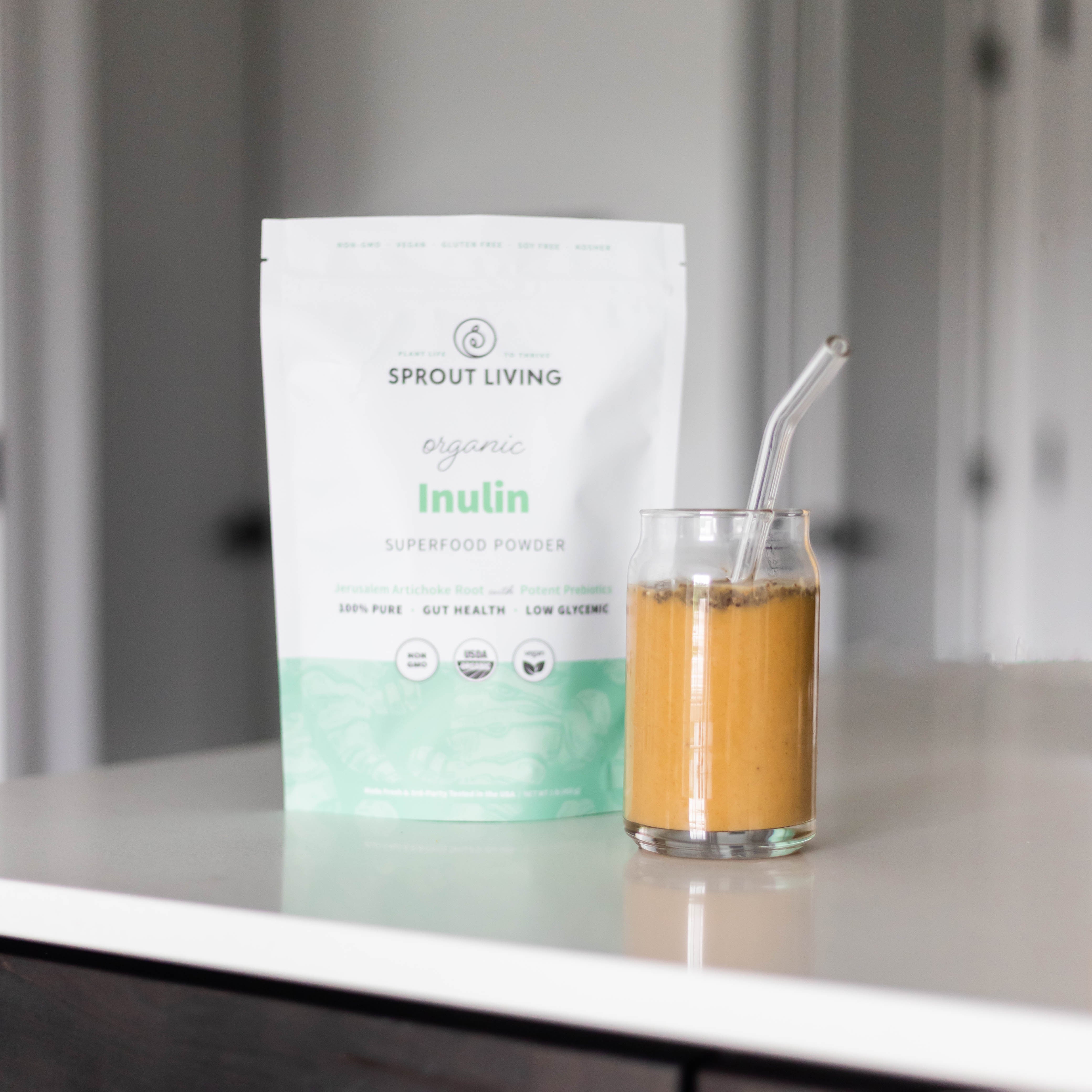 Inulin Superfood Powder With Smoothie In Kitchen