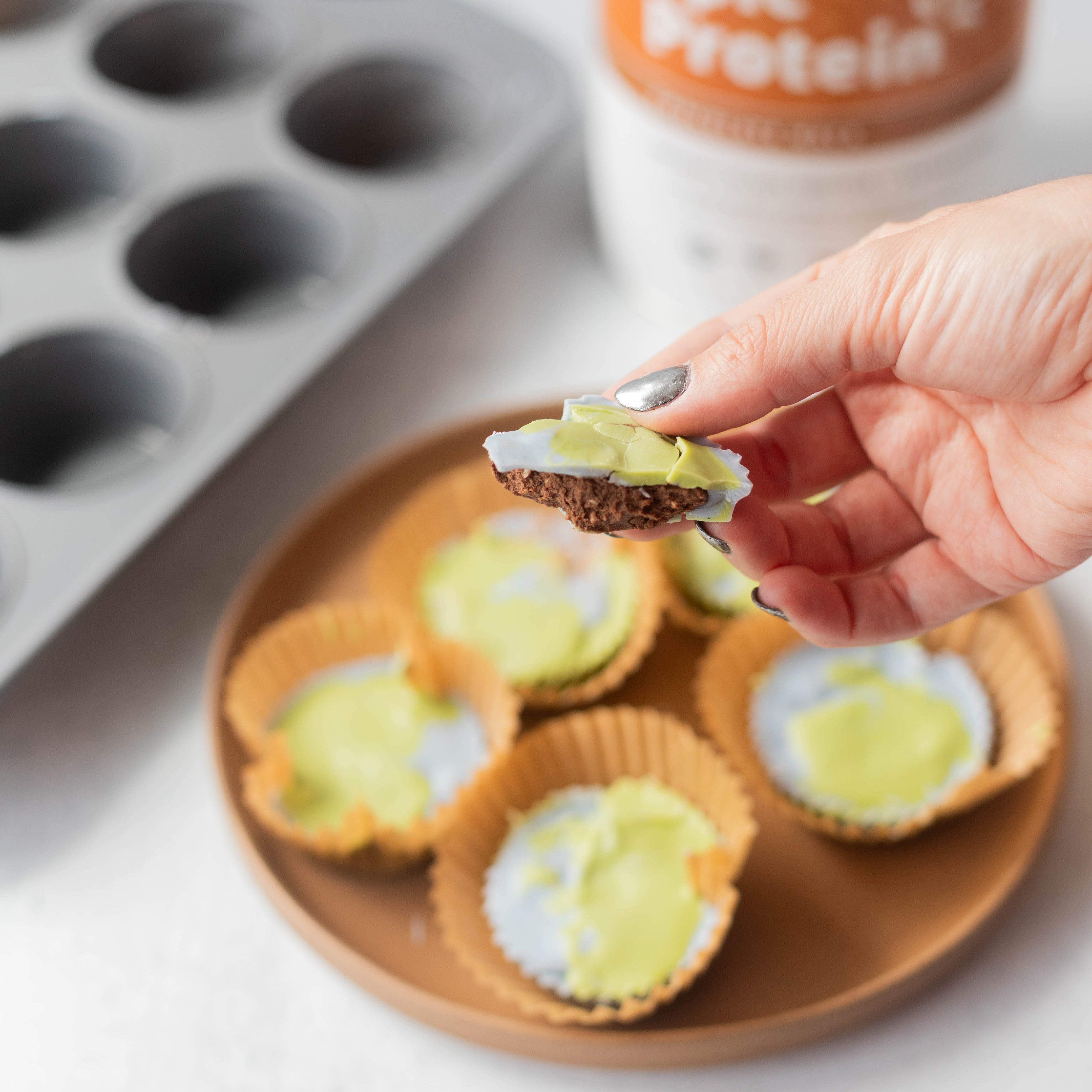 Chocolate Matcha Protein Cups on Plate