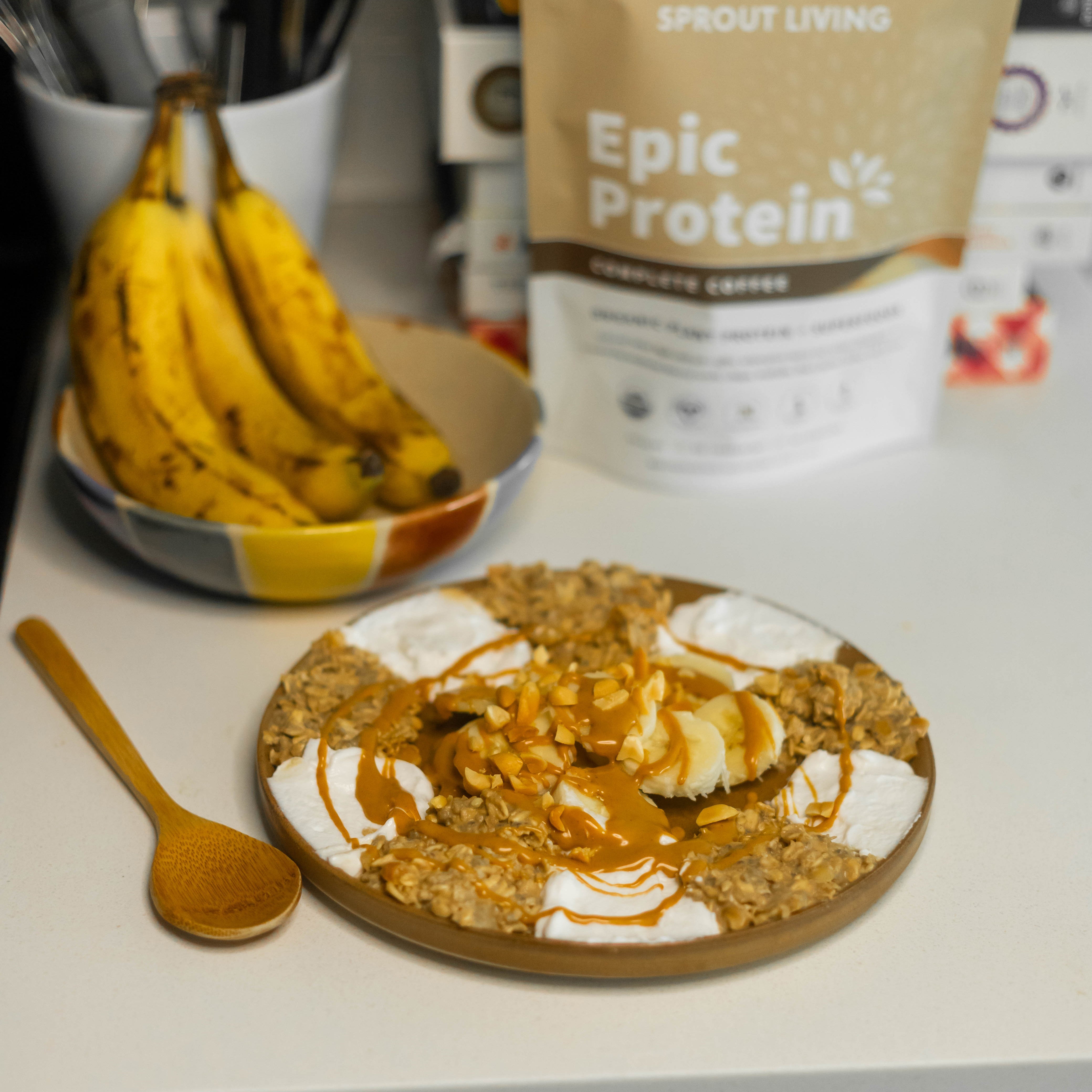 Peanut Butter Yogurt Oats on Plate in Kitchen