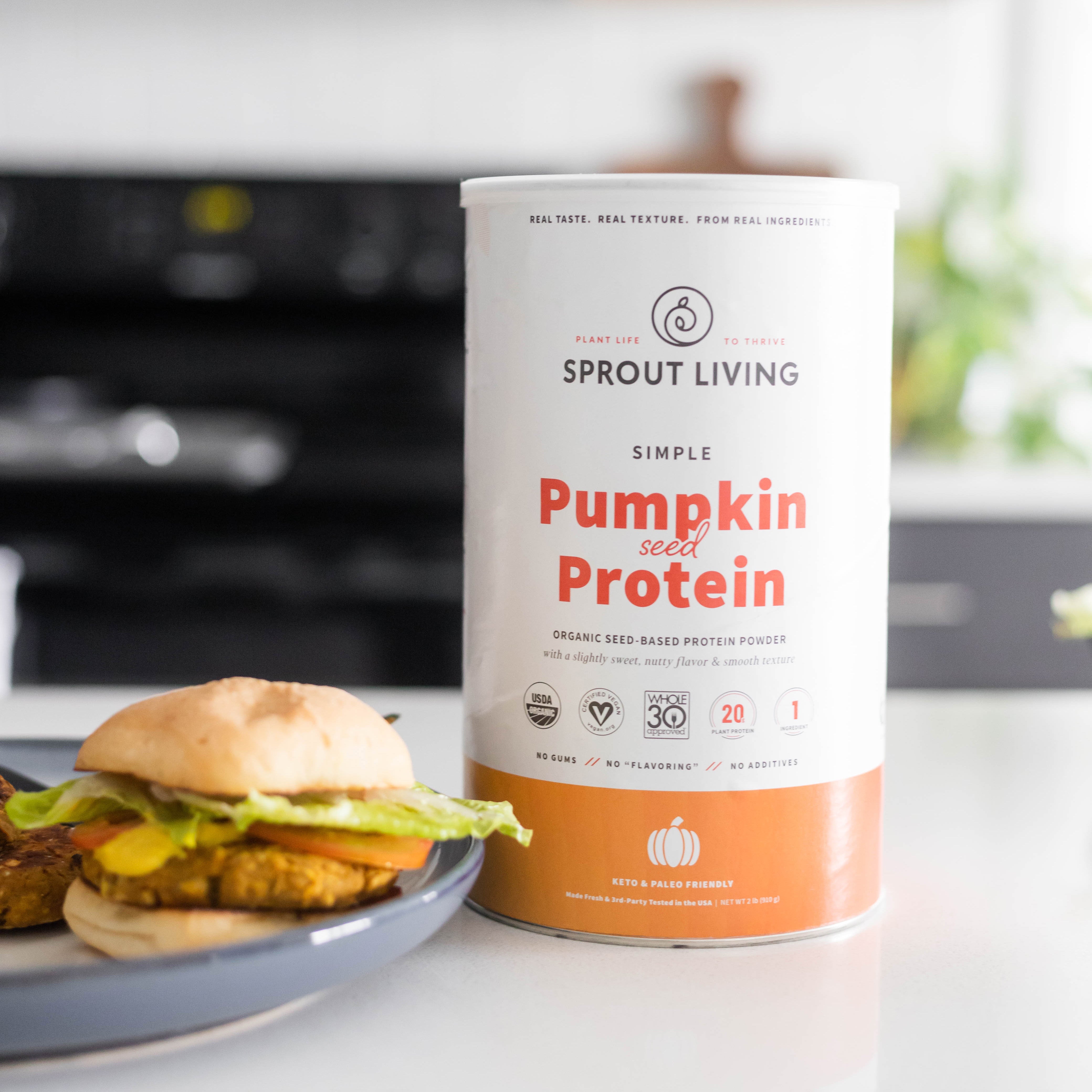 Simple Pumpkin Seed Protein and Burger on Plate
