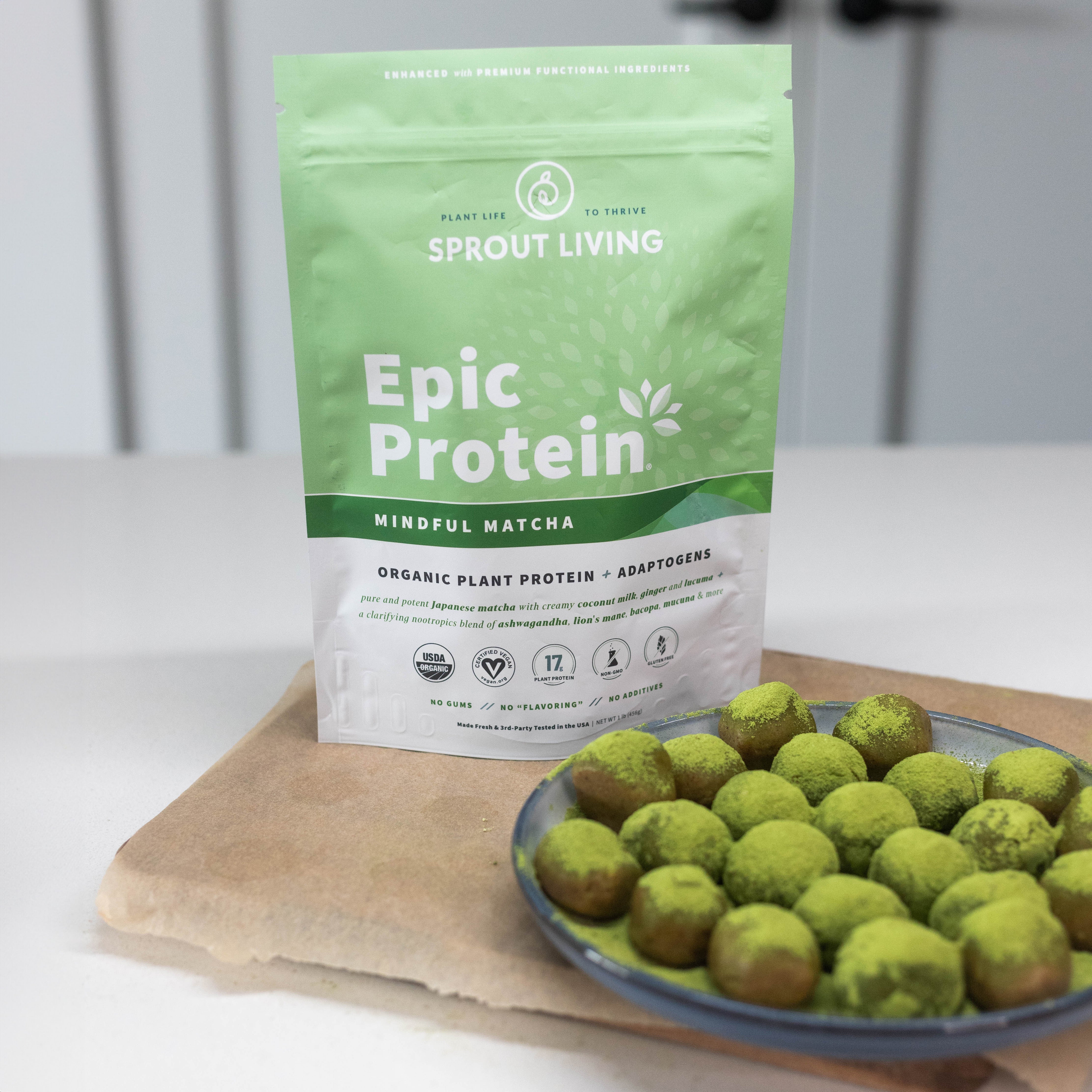 Epic Protein Mindful Matcha and Protein Bites on Plate