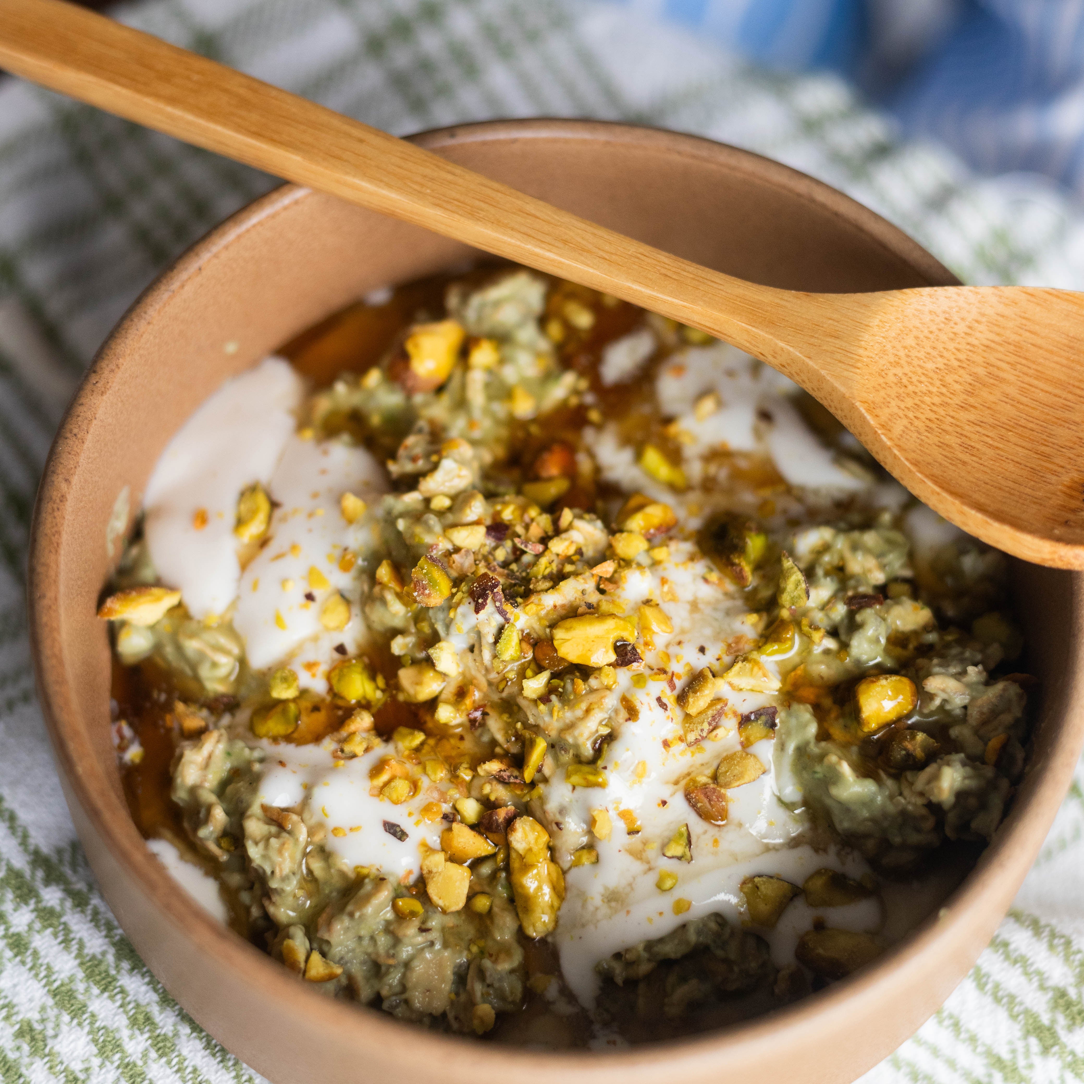 Protein Matcha Oats With Bowl and Spoon