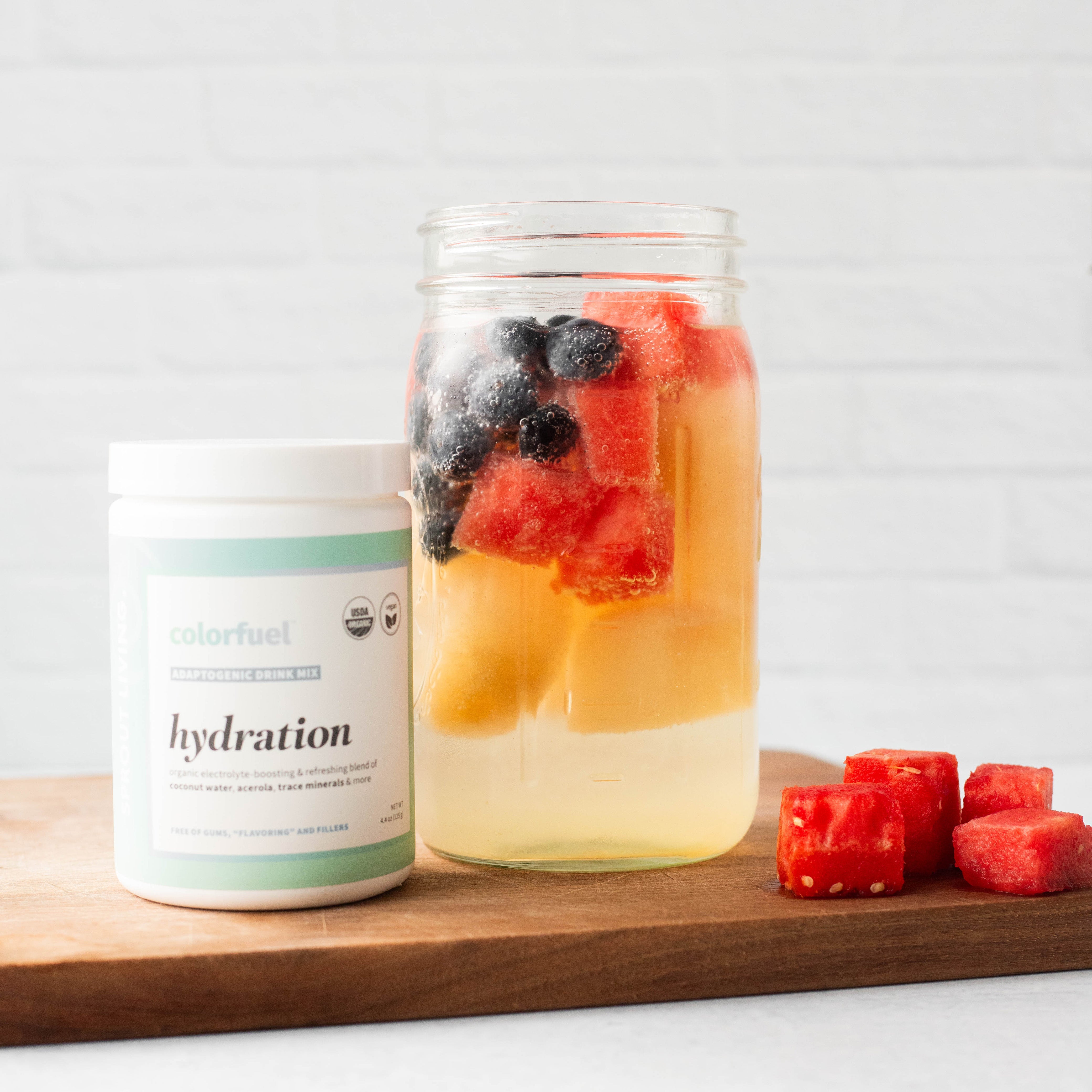 Colorfuel Hydration Mix and Refresher Drink In Glass With Watermelon