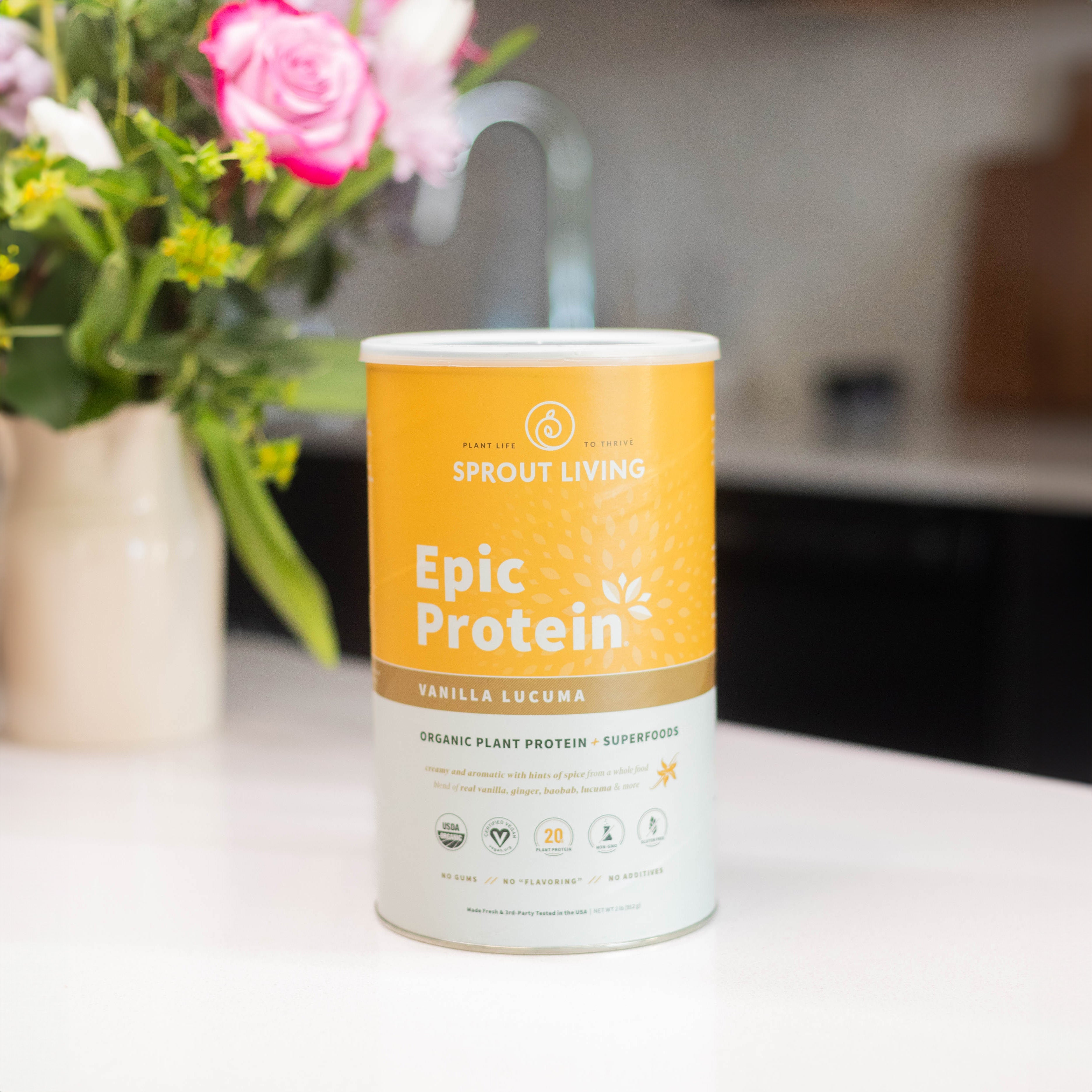 2lb Jar Epic Protein Vanilla Lucuma in Kitchen