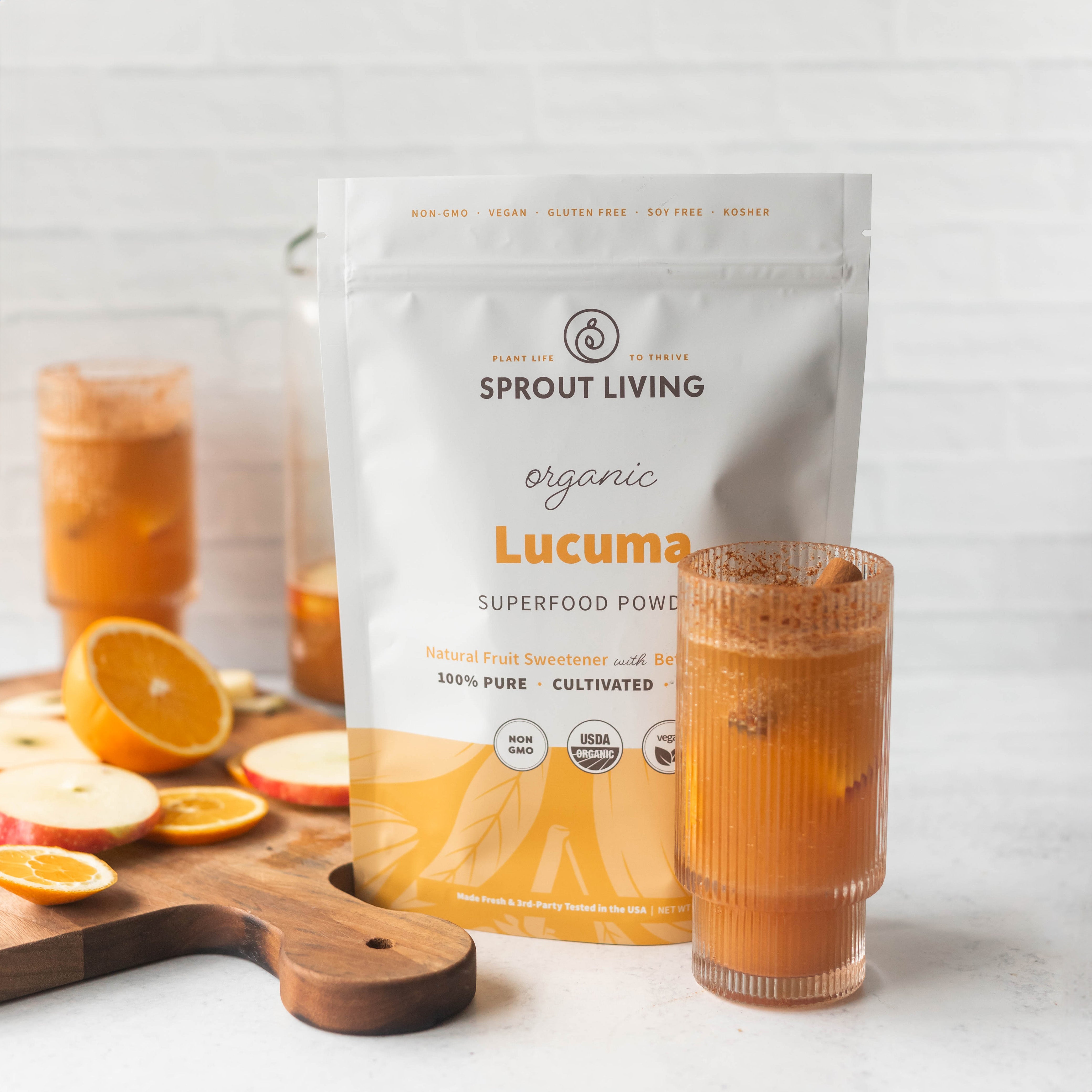 Lucuma Superfood Powder and Glass of Apple Cider Punch