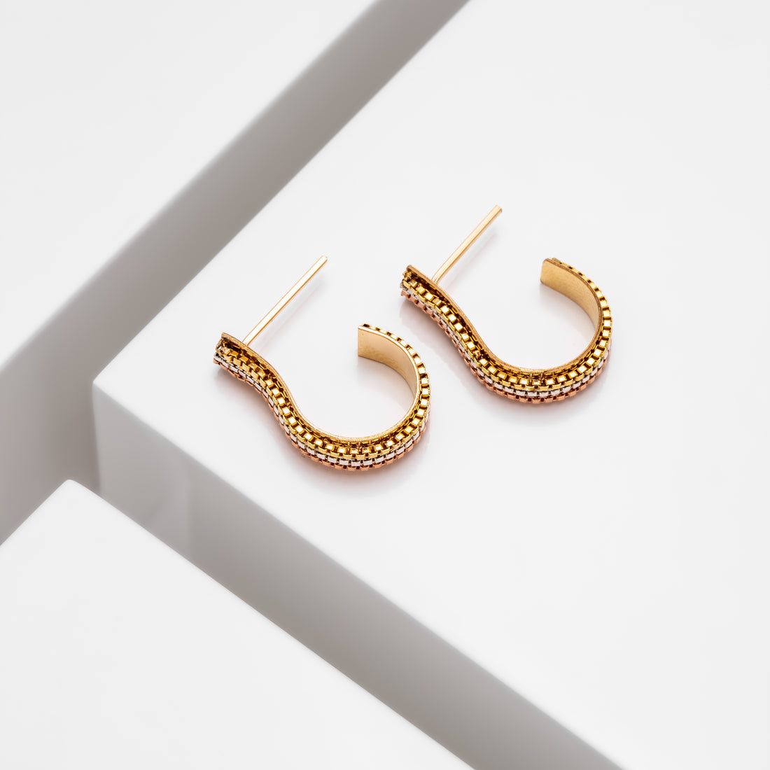 hoop earring with box chain design in mixed metal - 14k gold filled, sterling silver and rose gold