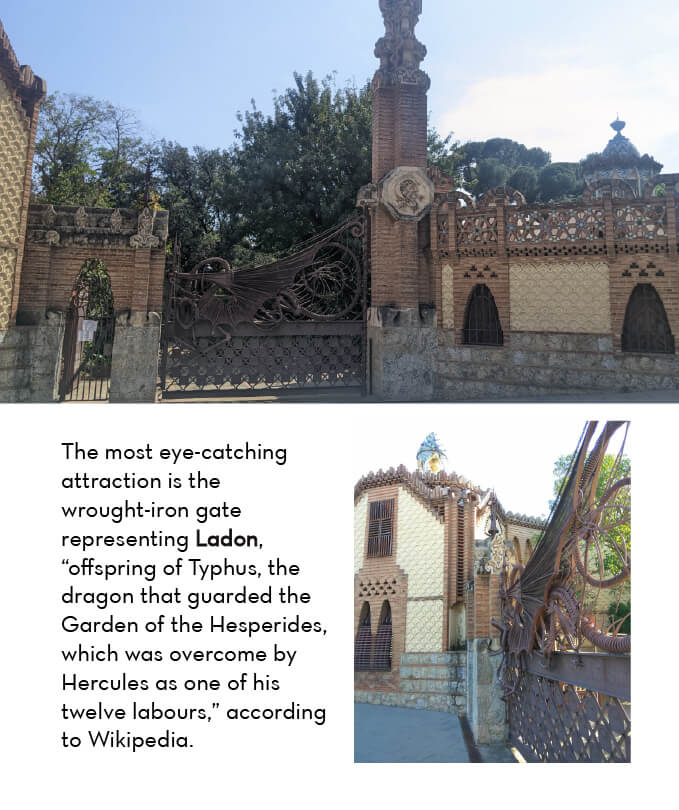 Images of a park gate with a dragon motif. Text states: The most eye-catching attraction is the wrought-iron gate representing Ladon, 'offspring of Typhus, the dragon that guarded the Garden of the Hesperides, which was overcome by Hercules as once of his twelve labours,' according to Wikipedia."