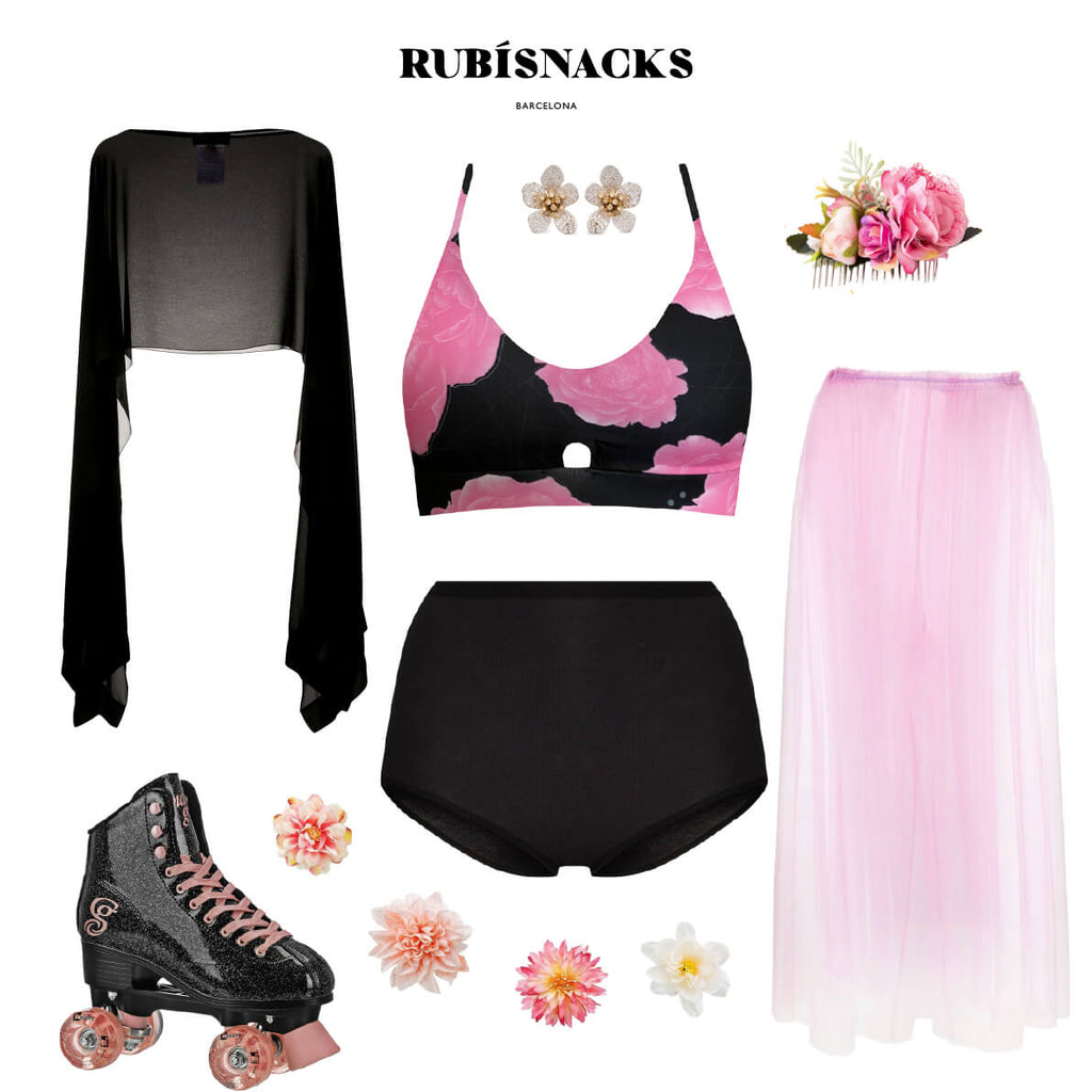 Style image of different pieces of clothing put together: Pink flower sports bra from Rubisnacks Barcelona, sheer black shrug from Talbot Runhof, Black briefs from Baserange, Pink tulle ballerina skirt from Noir Kei Ninomiya, golf and silver earrings from Oscar de la Renta, flower clips and skate embellishments, black shimmer roller skates from Roller Derby