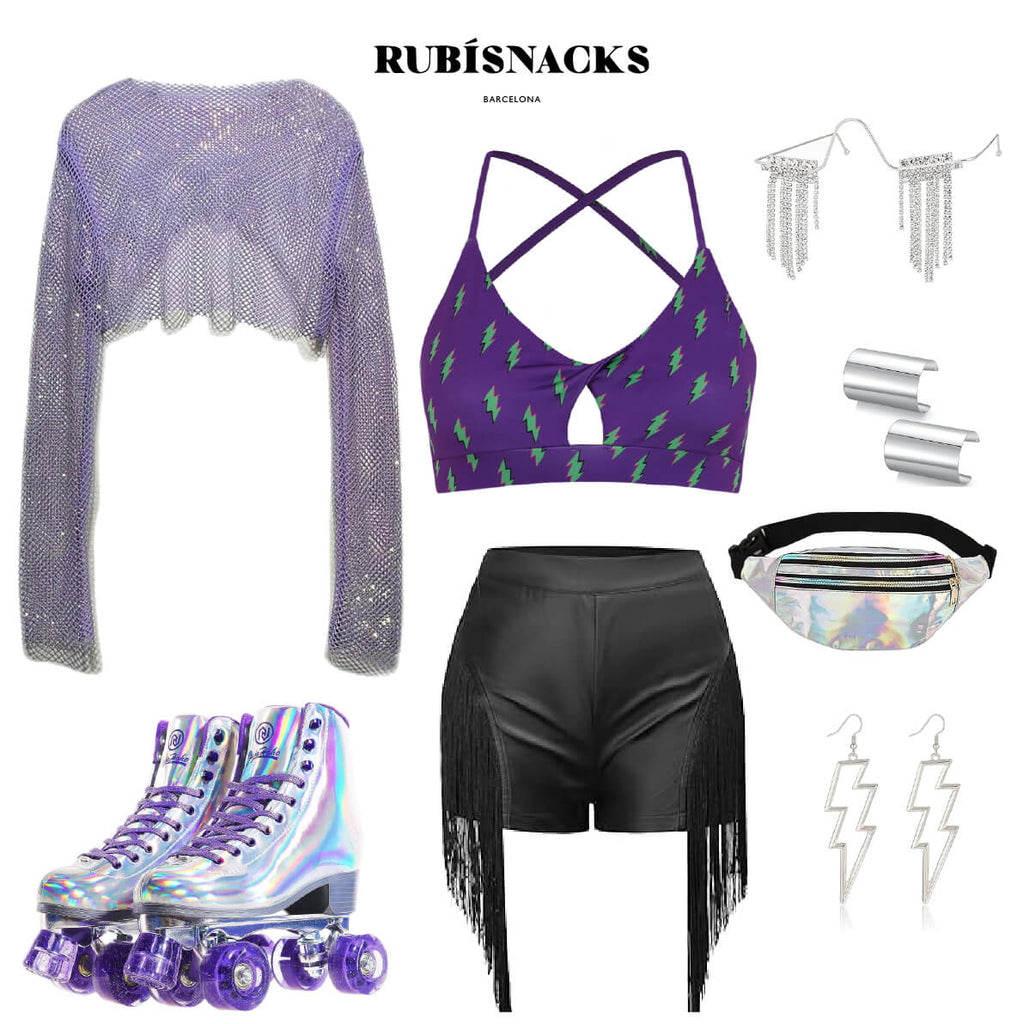 Styling of different fashion products on a white background: purple shimmer mesh crop top, lightning bolt sports bra in purple, black leather shorts with fringe, silver rhinestone sunglasses, iridescent bumbag, silver lightning bolt earrings, silver cuffs