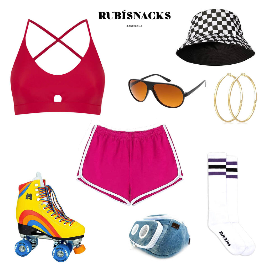 Style images of fashion outfits on white, Rubisnacks Sportsbra in coral, pink gym shorts, checker bucket hat, aviator shades, gold hoops, pineapple purse and leopard print roller skates from Moxi