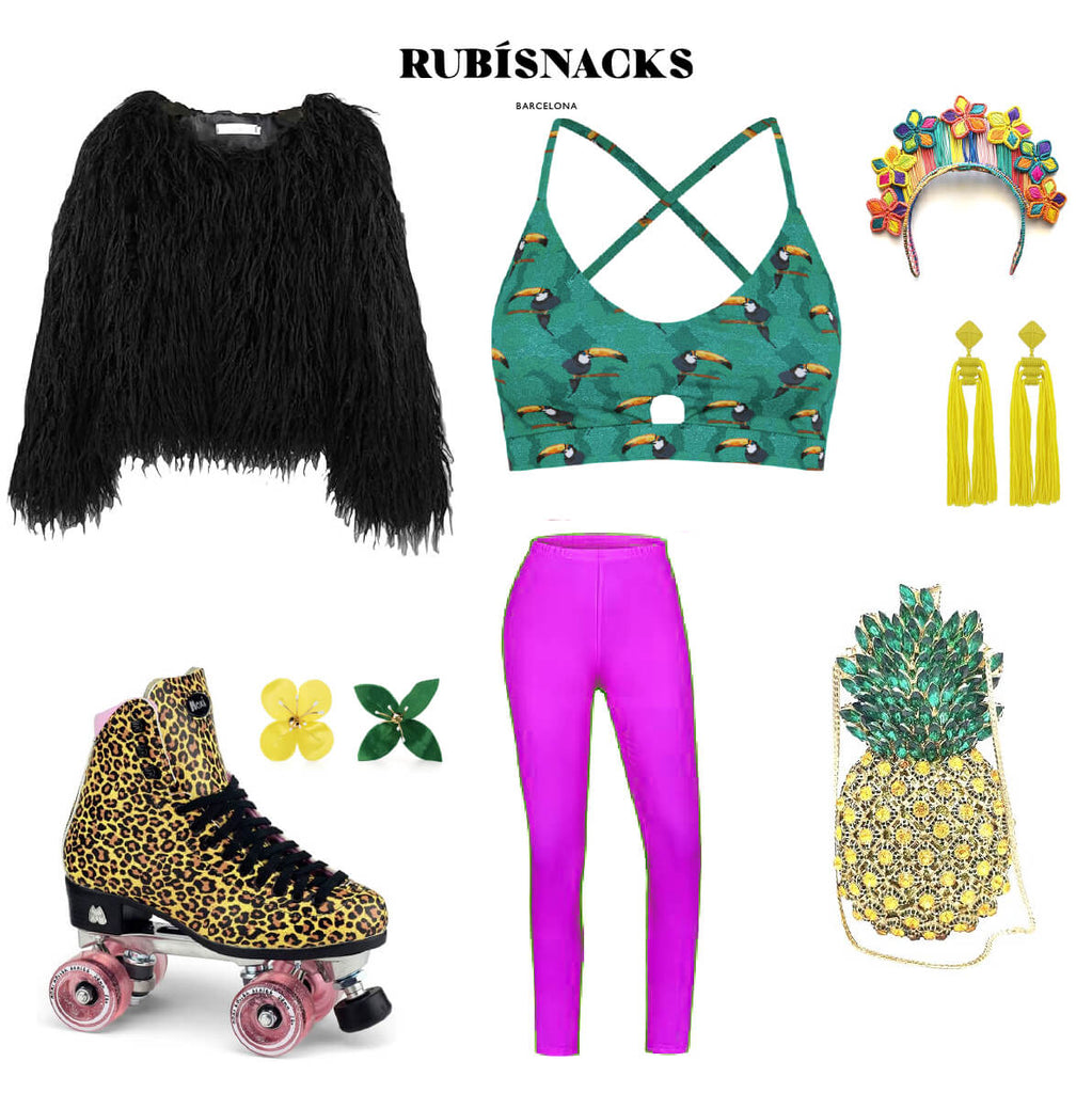 Tropical theme outfit styled around roller skates, featuring a Rubisnacks toucan sports bra in green, with neon magenta tights, a fluffy faux fur jacket in black, pineapple purse, flower headband, and leopard skates from Moxi.