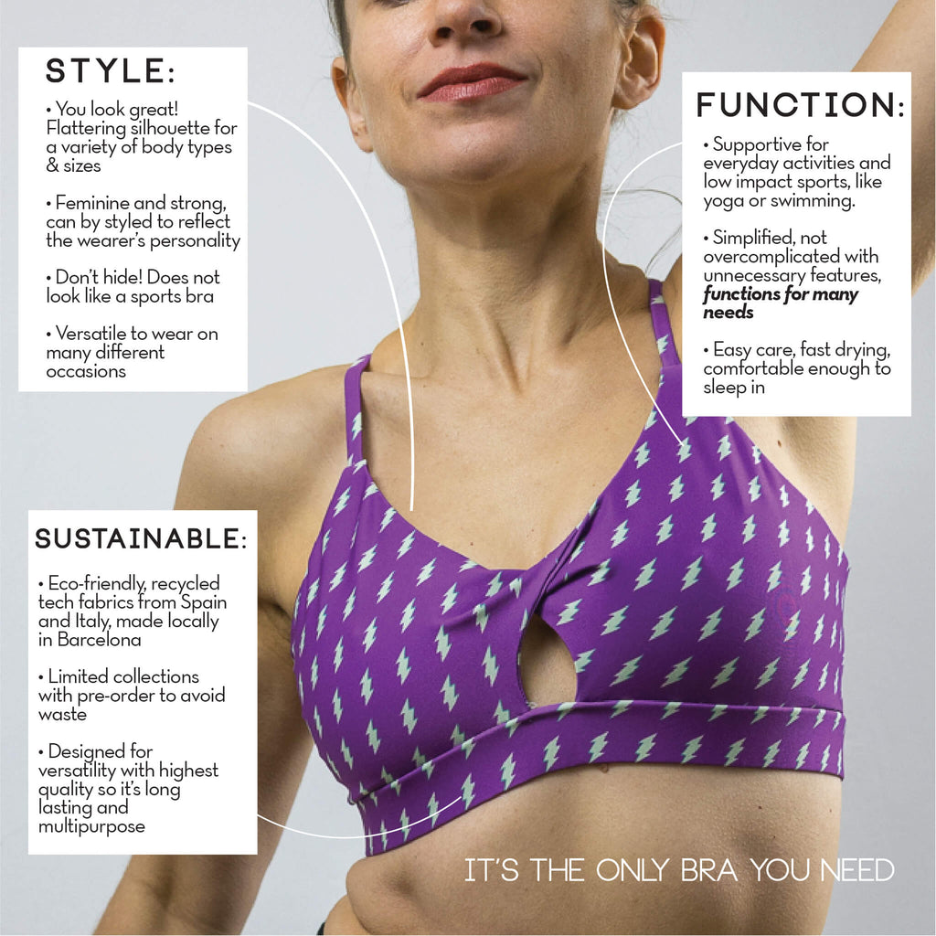 Reasons to buy this sports bra such as stylish look, versatile functionality, and sustainability.