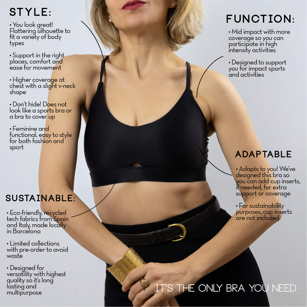 Reasons to buy this sports bra such as stylish look, versatile functionality, and sustainability.