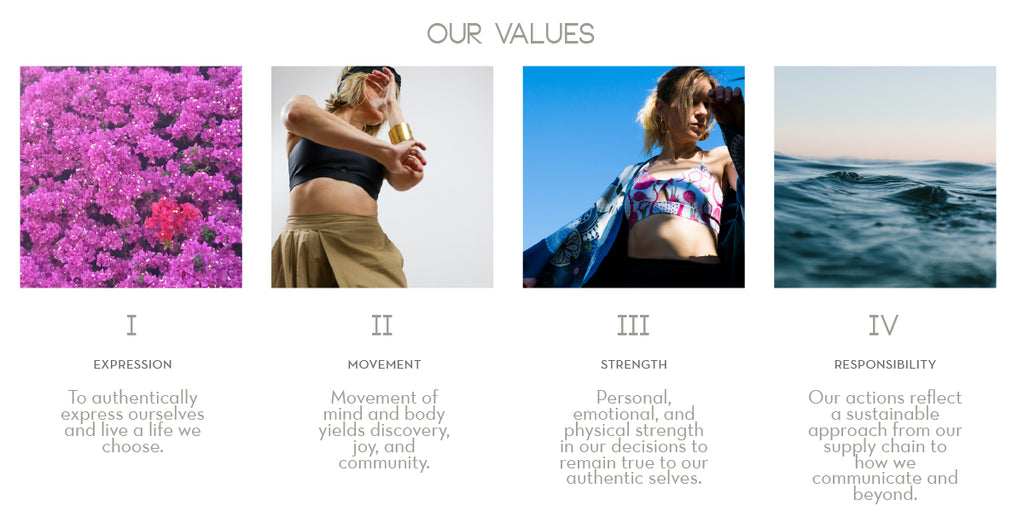 Brand Values for a sustainable activewear brand. Full text is written below