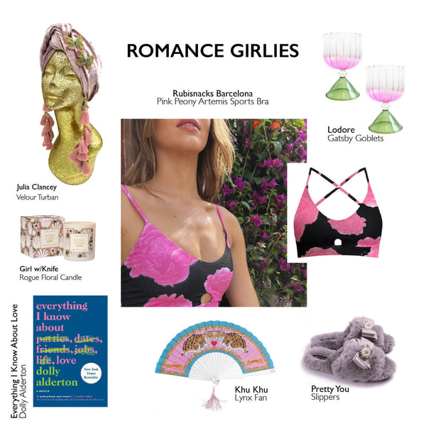 Gift Guide for our Romance Girlies - image includes small images of various gift ideas, such as a velour turban with tassles and butterflies, floral candles, unique green and pink goblets, hand fan with a lynx motif, fuzzy slippers with diamonds, a book by Dolly Alderton and a Peony sports bra in pink. Center image is a close up of a woman wearing a pink and green rose peony sports bra.