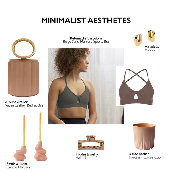 Gift Guide for women with a minimalist style - image includes small images of various gift ideas, such as a beige bucket bag with gold handle, pink candle sticks, a marble claw clip, porcelain coffee cup in peach, rectangle gold hoop earrings and a light nude sports bra. Center image is a close up of a woman wearing a beige sports bra with a keyhole cut out at the center.