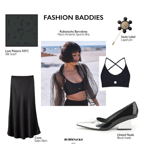 Gift Guide for women who are sporty and love fashion - image includes small images of various gift ideas, such as a black and gold lapel pin, a silk scarf, satin skirt, metallic high heels and a black multifunctional sports bra. Center image is a close up of a woman wearing a black sports bra with a lace top that is opened.