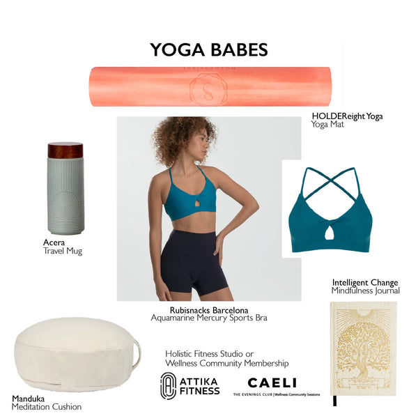 Gift Guide for Yoga Bags - image includes small images of various gift ideas, such as a green ceramic travel mug, beige meditation cushion from Manduka, icons for yoga apps, a coral travel yoga mat, a gold leaf tree motif mindfulness journal, and a teal green sports bra. Center image is a woman wearing a sports bra and biker shorts in black.