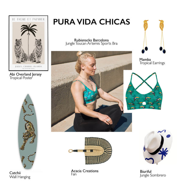 Gift Guide for Nature loving women aka Pura Vida Chicas - image includes small images of various gift ideas, such as a tropical tiger wall hanging, a tiger motif surf board, a natural fibers fan, sombrero with a palm tree motif, tropical bird earrings in gold and a toucan green sports bra. Center image is a woman wearing a green jungle sports bra with black running tights and she is sitting meditating.