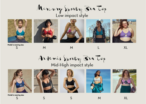 Various images of women wearing sports bras with the size denoted so that consumers can see the fit for each bra style based on body type.
