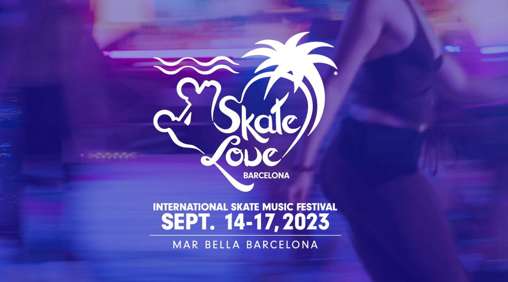 Blurry purple image of a roller skater with white text and logo on top that states SkateLoveBarcelona International Skate Music Festival 14-17 September 2023 Mar Bella Barcelona