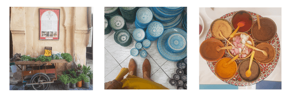 Three pictures of Morocco life - a cart with fresh vegetables leaning on a wall, looking down at your feet with blue and green Moroccan pottery stacked high, a bowl of various spices in browns and reds.