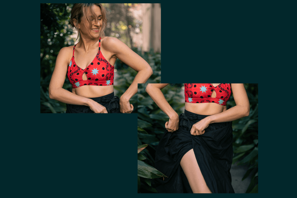 Two duplicate images, split of a woman wearing a red sports bra with geometric motifs and a black wrap skirt twirling and dancing.