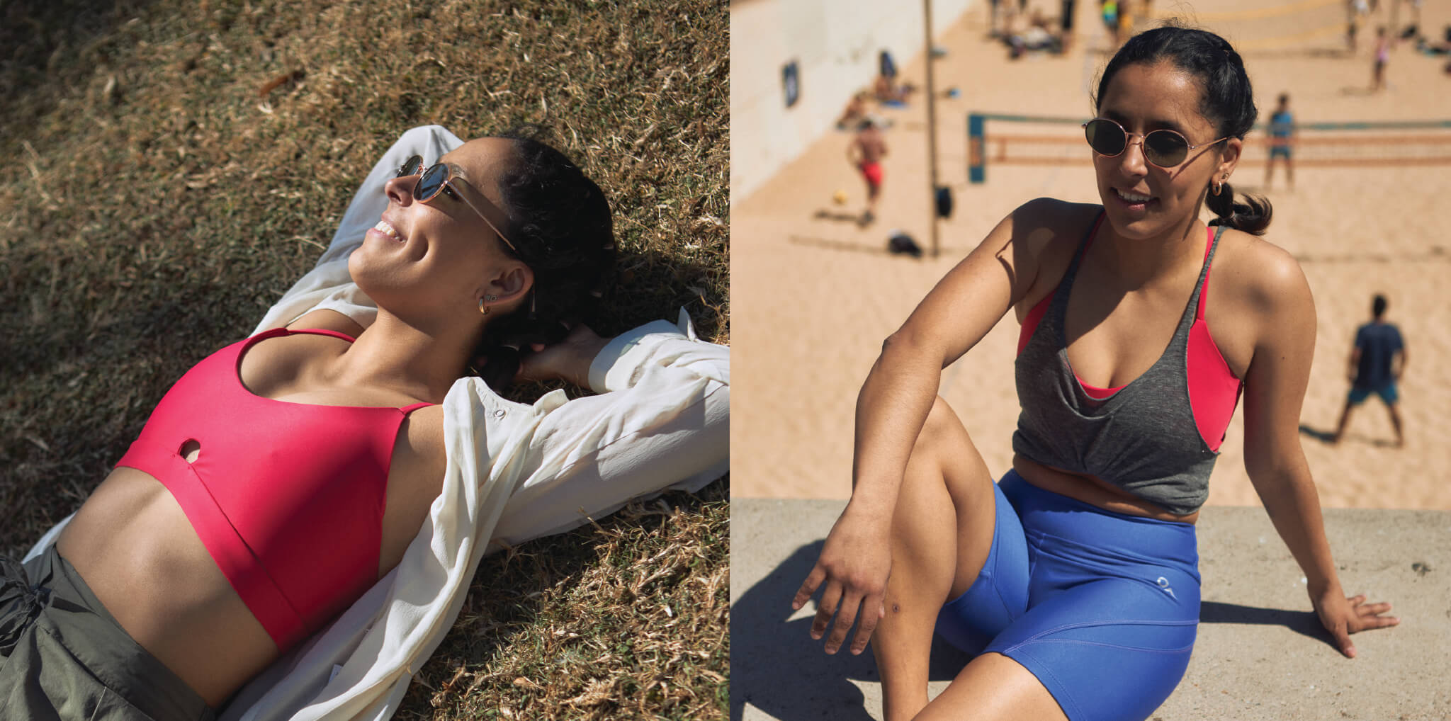 image of a woman laying in the grass wearing a bright coral sports bra and army green bottoms with a cream silk top. Second image is a woman wearing a coral sporty bra top with a grey tank top and purple biker shorts. People are playing beach volleyball in the background.