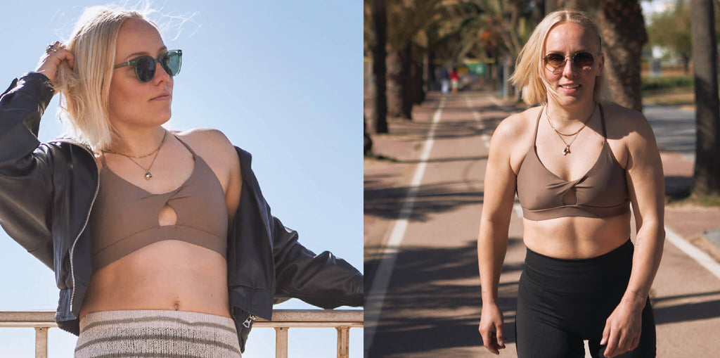 Woman wearing a beige sports bra with a leather jacket and striped skirt. On the right, image of a woman rollerblading in a tropical location with palm trees. She wears a nude color sports bra.