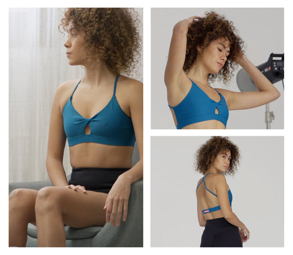 Three images of a woman wearing a teal sports bra with a keyhole detail and black biker shorts