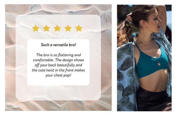 Sports bra review stating - Such a versatile bra! The bra is so flattering and comfortable. The design shows off your back beautifully and the cute twist in the front makes your chest pop! Image next to review is a woman in a teal sports bra putting her hair up.