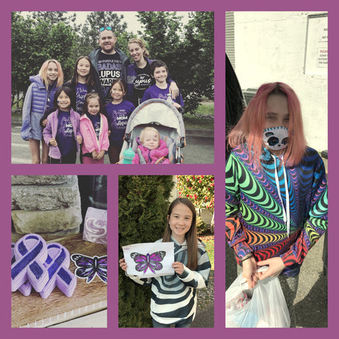 Mahaffey family, girl with drawing of butterfly lupus wings, purple support ribbon, girl with donation bag