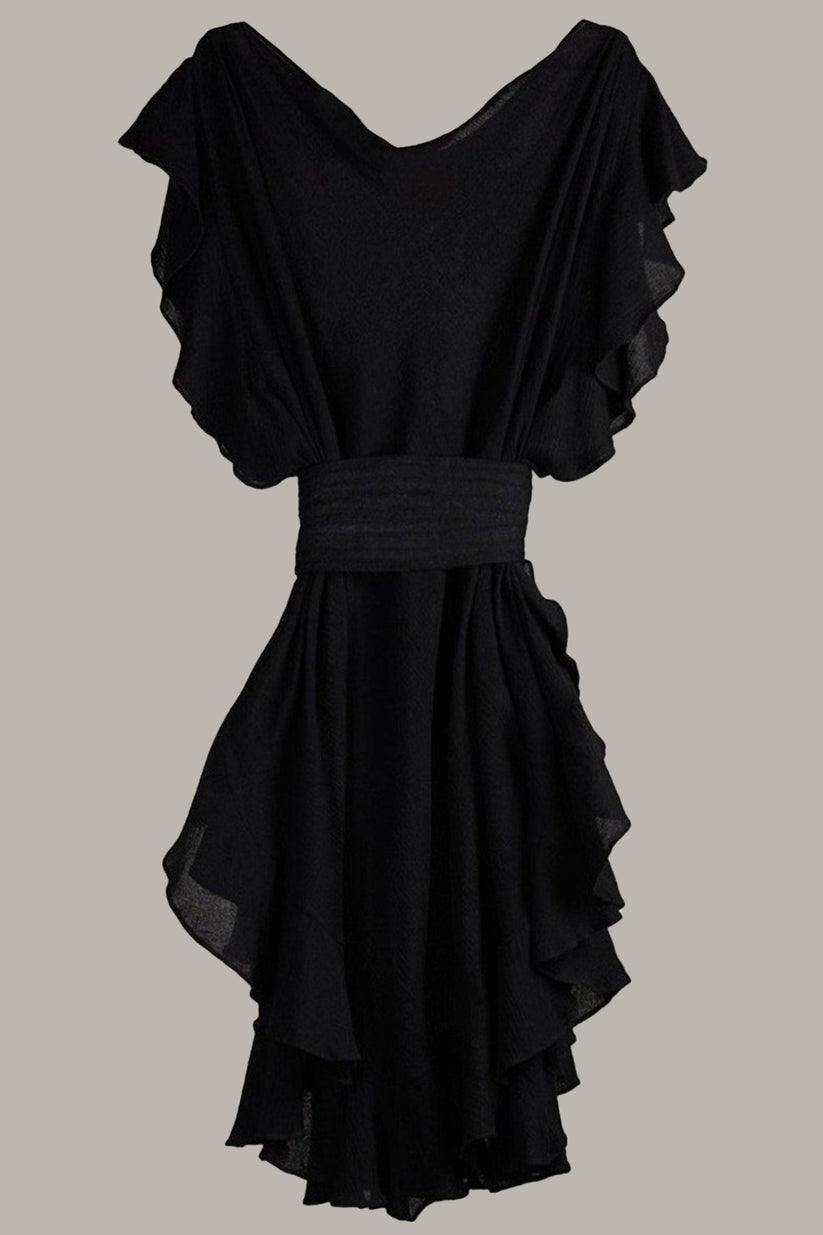 Ruffle Kaftan Shorter Version Cotton Gauze Black with Quilted Oval Obi ...