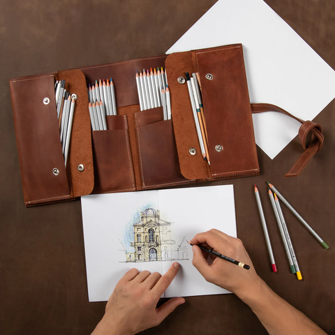 Leather pen and pencil case for a sketcher