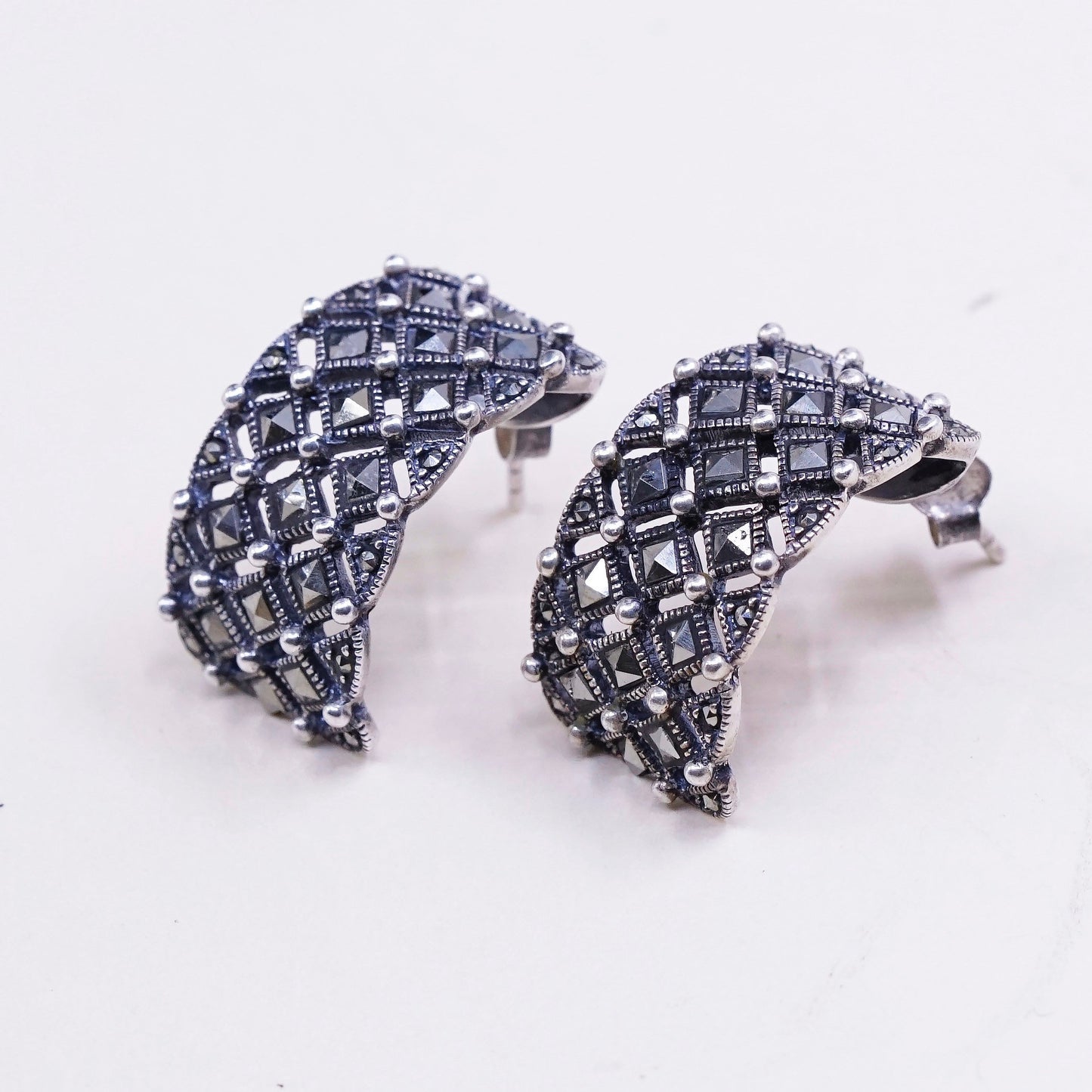 Vintage Sterling silver handmade earrings, solid 925 studs with marcasite